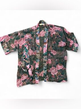 Victoria's Secret Green Floral Satin Robe with Pink & Blue Blooms